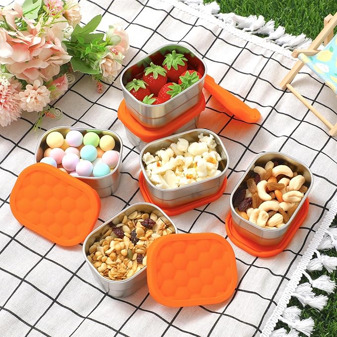 Hsei 6 Pcs Stainless Steel Snack Containers, 8oz Food Containers with Silicone Lids Portable Reusable Metal Lunch Box for Daycare and Storage(Orange)