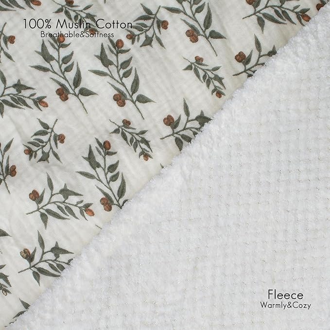 Soft & Breathable Baby Organic Cotton Muslin Blanket with Warm Flannel Lining, Unisex Crib Blanket for Toddlers, Large 43x43 Inches (Flower)