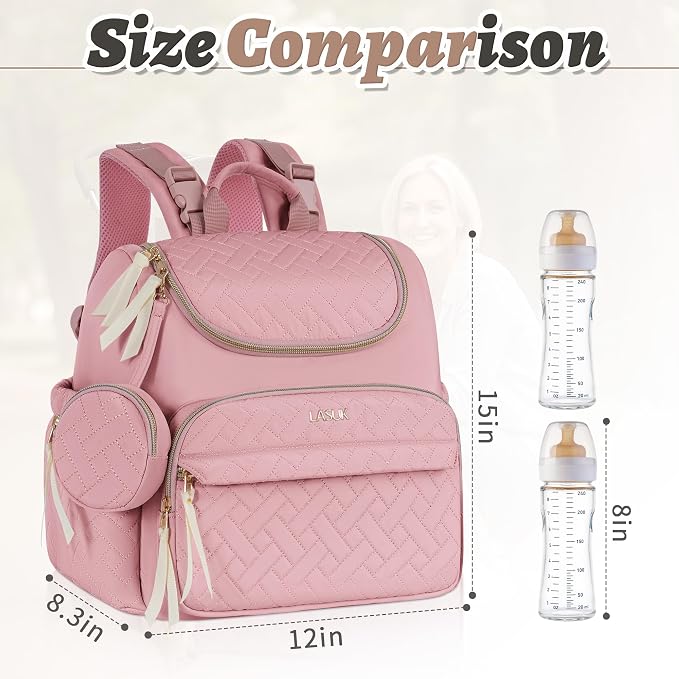 Diaper Bag Backpack, 22L Large Quilted Small Baby Bag with Changing Pad & Pacifier Case, Stroller Hooks, Easy-Access Baby Essential, Maternity Travel Backpack Unisex, Pink