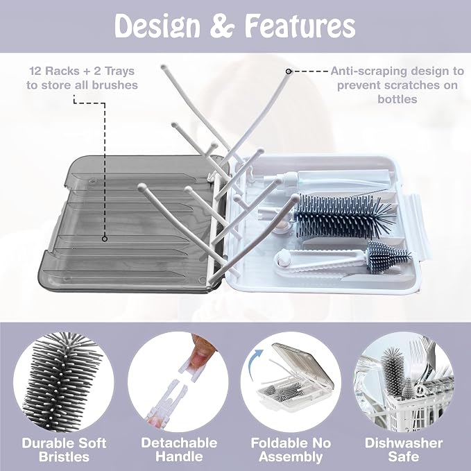 Baby Bottle Brush,6 in 1 Bottle Cleaner Brush Kit with Extendable Silicone Bottle Brush, Drying Rack, Nipple Brush, Straw Brush, Soap Dispenser & Organizer Case, Ideal Gifts for Babies & Moms