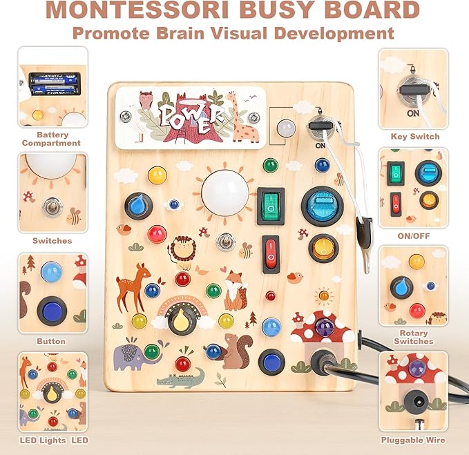 Busy Board for Toddlers 1-3 - Montessori Educational Sensory Toy with 10 Switches & 19 Lights, Activity Board for Fine Motor Skills, Travel Toys for 1+ Year Old Boy & Girl Birthday Gift（Forest Theme）