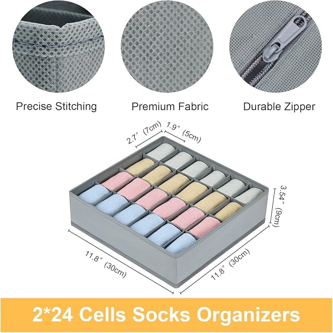 joyoldelf Sock Drawer Organizer Divider 2 Packs Underwear Organizer, 24 Cell Closet Organizers and Storage Organizer Sock Holders Organizers for Storing Socks, Handkerchiefs, Ties, Belts (Grey)