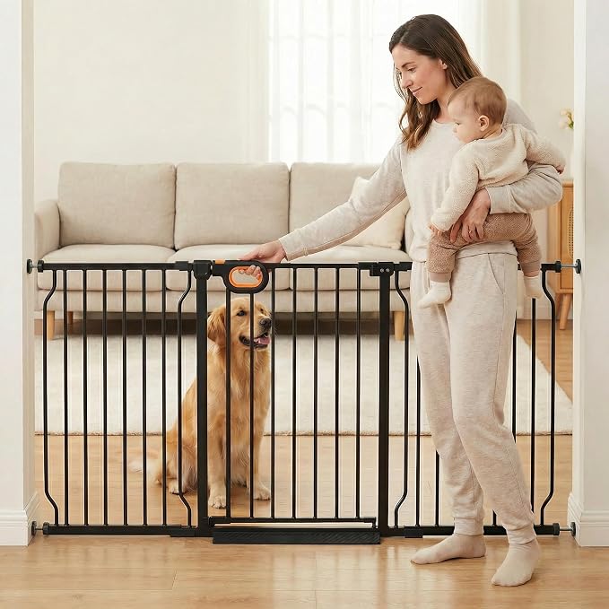 Baby Gates Extra Wide for Doorways 66.9-71.6 Inch Extra Wide Pressure Mounted Baby Dog Gate for the House Indoor Large Openning Metal Safety Gate No Drilling with Walk-Through Door,Black