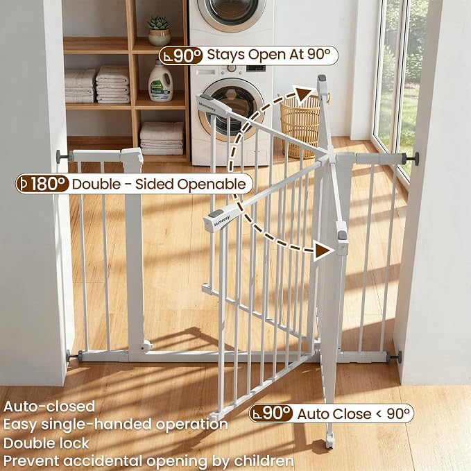 Mumeasy 29-43" Wide Baby Gate for Stairs and Doorways, 30" Tall Pressure Mounted Dog Gate No Drilling, Auto Close Walk Thru Child Safety Gate, Sturdy Metal Pet Gate with Dual Lock, White