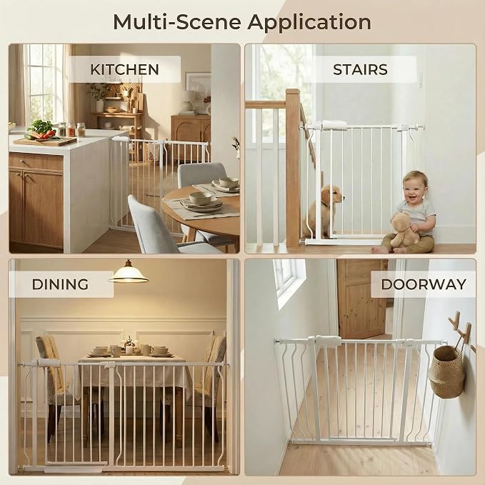 Walk Through Baby & Dog Gate 29-38.5 Inch, Pressure Mounted No Drilling, Adjustable Indoor Safety Gate for Stairs & Doorways - Metal Design for Kids and Pets, White