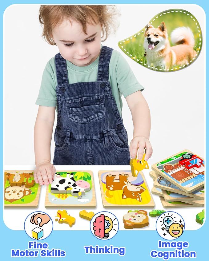 Benresive Wooden Toddler Puzzles for Boys Girls Age 1 2 3, 12 Pack Montessori Vehicle Animal Toys, Educational Preschool Learning Toys, Great Birthday Gifts for Toddlers
