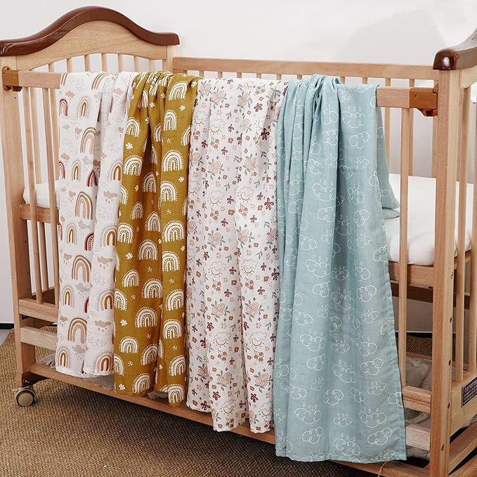 4 Set Muslin Swaddle Blankets for Newborn Baby Boys, Girls,Receiving Blankets-Cute Soft Print Baby Towel Wrap 120x110cm Baby(White)