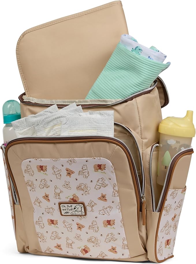 Disney Diaper Bag Backpack with Changing Pad Winnie the Pooh ??16??Nylon Baby Bag for Parents, Insulated Bottle Holders, Multiple Storage Pockets