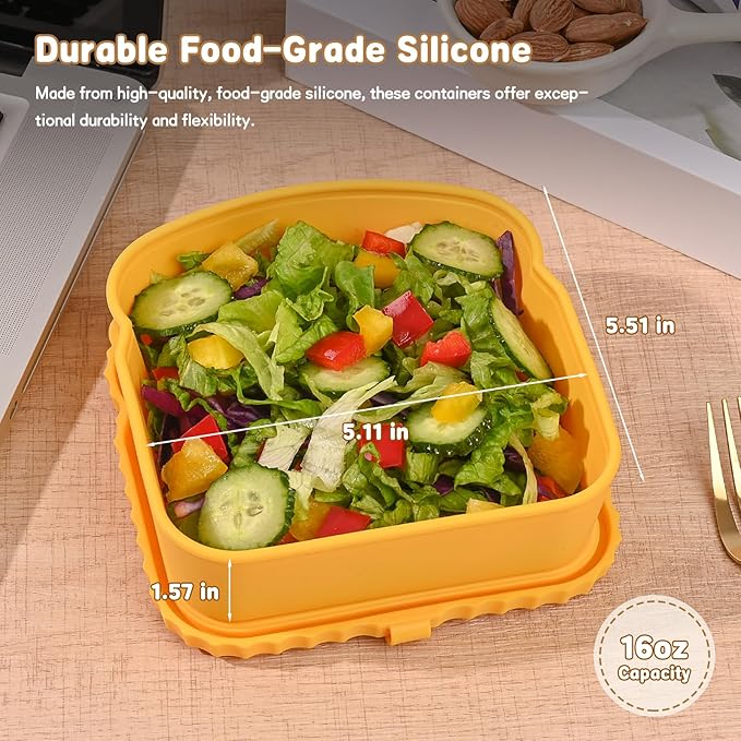 4 Pack Sandwich Containers, Silicone Snack Containers with Airtight Lids, Reusable Toast-Shaped Sandwich Box, BPA-Free, Dishwasher Safe, Food Storage Containers for Snacks & Fruits (C)