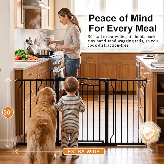 53.1"-62.5" Extra Wide Baby Gate & Dog Gate, Pressure Mounted No Drilling Pet Gate for Doorways & Large Openings, with Walk-Through, Auto-Close & Dual-Direction Swing, Black