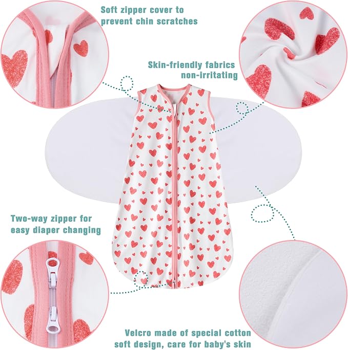 BSTOPPT Newborn Sleep Sack Baby Swaddle,3-6 Months,3-Way Adjustable Wearable Blanket,100% Rayon Cotton Swaddling Sleeping Bag，TOG 0.5（Heart&Floral）
