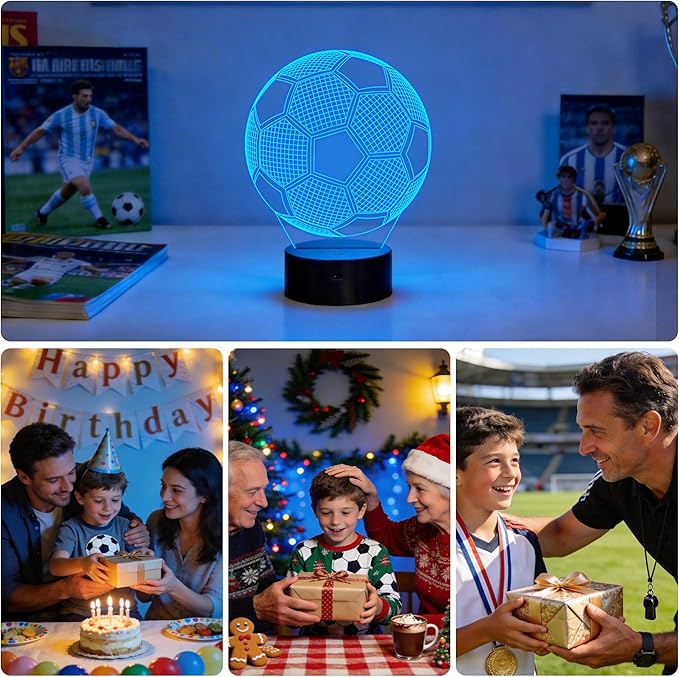 FULLOSUN Kids Night Light Soccer 3D Optical Illusion Lamp with Remote Control 16 Colors Changing Football Birthday Xmas Valentine's Day Gift Idea for Sport Fan Boys Girls