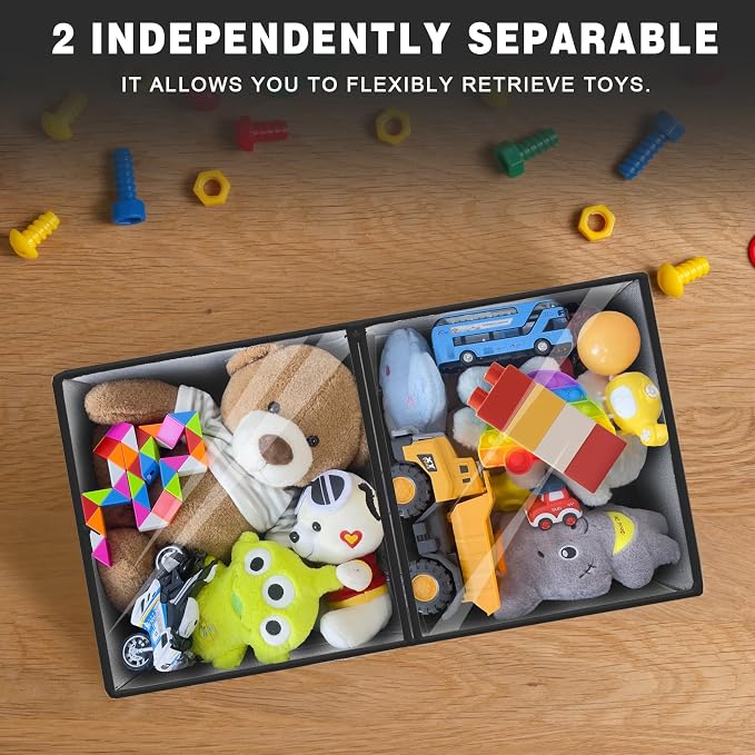 2 Pack Large Toy Storage Box with Clear Lids Collapsible Toy Organizer Chest with Adjustable Dividers Kids Storage Bin Basket for Boys Girls Living Room Nursery Playroom Closet Black and Grey