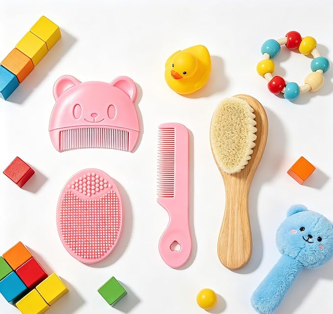 Cradle Cap Brush Baby Hair Brush and Comb Set for Newborns, Baby Bath Brush Soft Wool Hairbrush Silicone Massage Brush