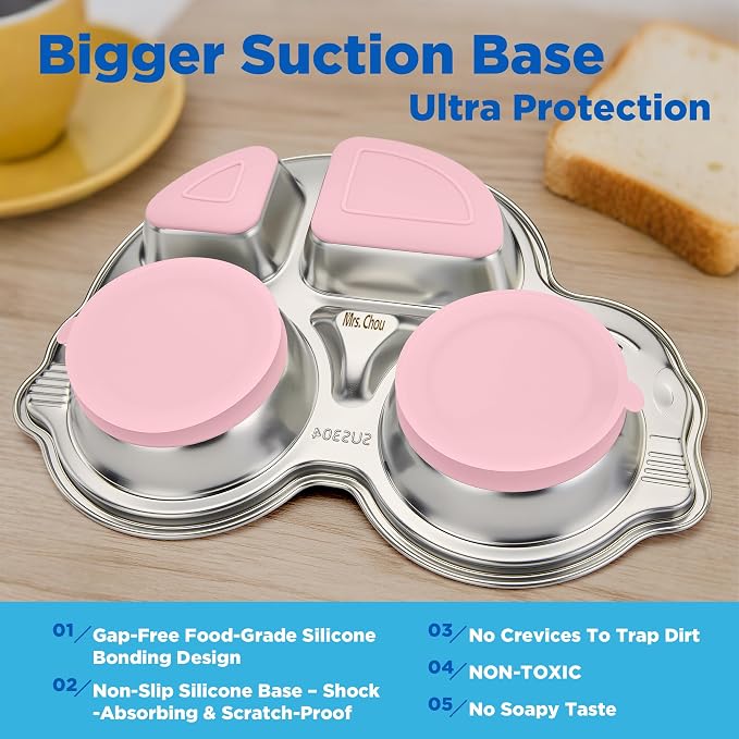 Stainless Steel Baby Suction Plates: Divided Plates Designed for Babies and Toddlers, Made of 100% Food-Grade Materials Ideal for Baby-Led Weaning BPA-Free Toddler Feeding Dishwasher Safe PINK
