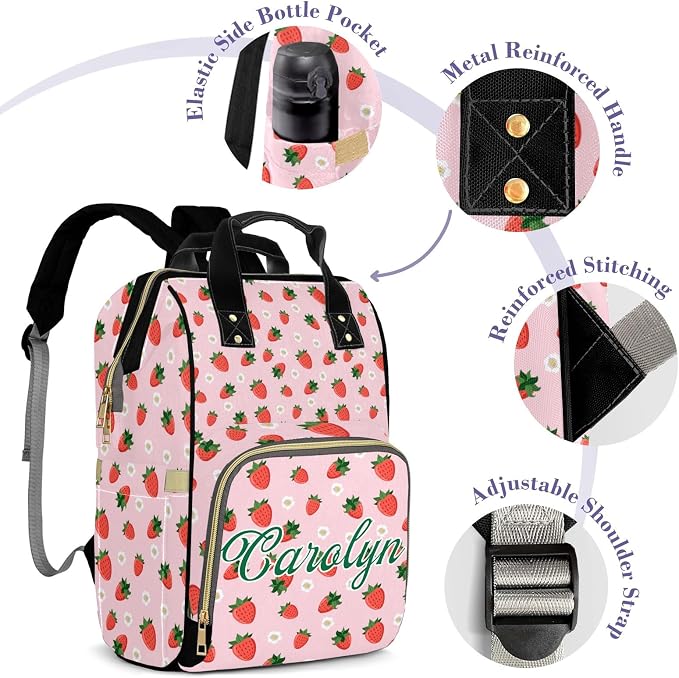 Custom Diaper Bag with Name Personalized Multifunctional Mommy Backpack for Shoulders Outdoor Backpack for Newborn Baby Thermal Pockets Nursing Bags （Strawberry 1）