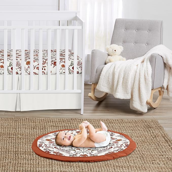Sweet Jojo Designs Ivory and Orange Boho Vintage Floral Girl Baby Play Mat Tummy Time Activity Infant Playmat Playpen Tent Teepee Floor Bohemian Rust Leaves Botanical Flower Farmhouse Green Fringe