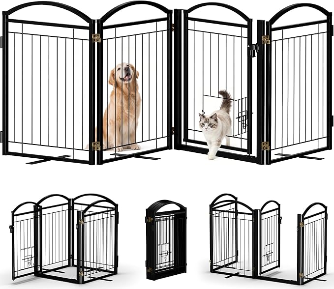 Metal Freestanding Dog Gate with Cat Door for Indoor & Outdoor,34" Tall Foldable Dog Fence,80" Extra Wide Freestanding Pet Gate for Large Openings,RV Camping,Stairs,Deck,Yard,Doorways(4 Panels,Black)