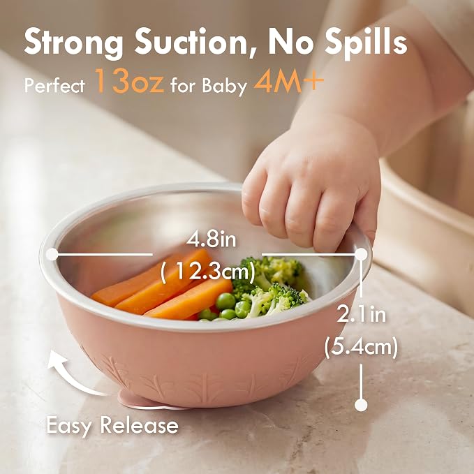 Moonkie Baby Suction Bowls for Self-Feeding: 3 Strong Suction Bases Prevent Spills - Seamless One-Piece Design for Easy Cleanup - Stainless Steel & Silicone Toddler Bowls with Lids - 13 oz 2 Pack