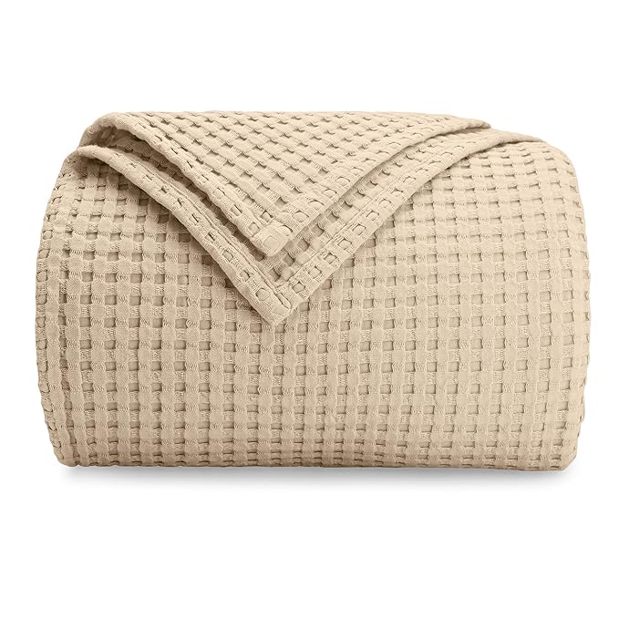 Comfy Cubs Waffle Blanket Twin, 90" x 66" - 100% Cotton Lightweight Breathable Bed Blanket - Soft Textured Thermal Weave for All Seasons – Decorative Cozy Layer for Couch, Sofa, or Bed - Sand