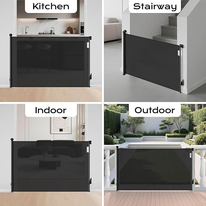Retractable Baby Gate 38" Tall, 71" Wide Mesh Baby Gate for Doorways, Mesh Dog Gate Retractable with Auto-Tighten System, One-Hand Operation Indoor Pet Gate, Black