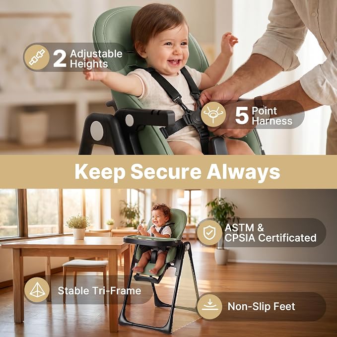 Baby High Chair, Convertible Folding Highchair with Dishwasher-Safe Tray, Adjustable Heights & Backrest, 5-Point Harness, Portable Dining High Chairs for Babies and Toddlers (Sage Green)