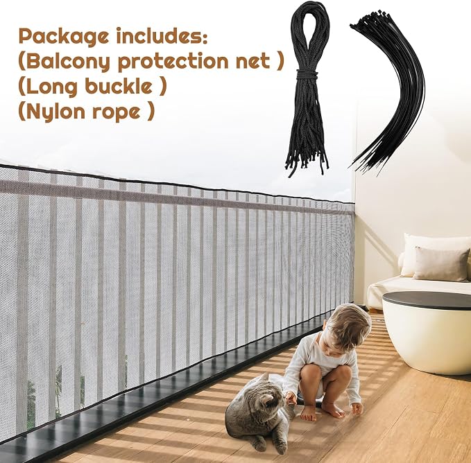 Hosuly Banister Guard 50 x 3 ft Balcony Netting for Kids Pets Stairway Safety Net Baby Fence Door Balcony Netting Safety Mesh Stair Net with No Drilling for Apartment Railing(Black)