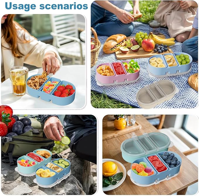 Silicone Snack Containers 3 Compartments Reusable Snackle Box with Lids Portable Food Storage for Picnic Lunch Office Gym School BPA-Free & Dishwasher Safe (Pink/Blue/Green)