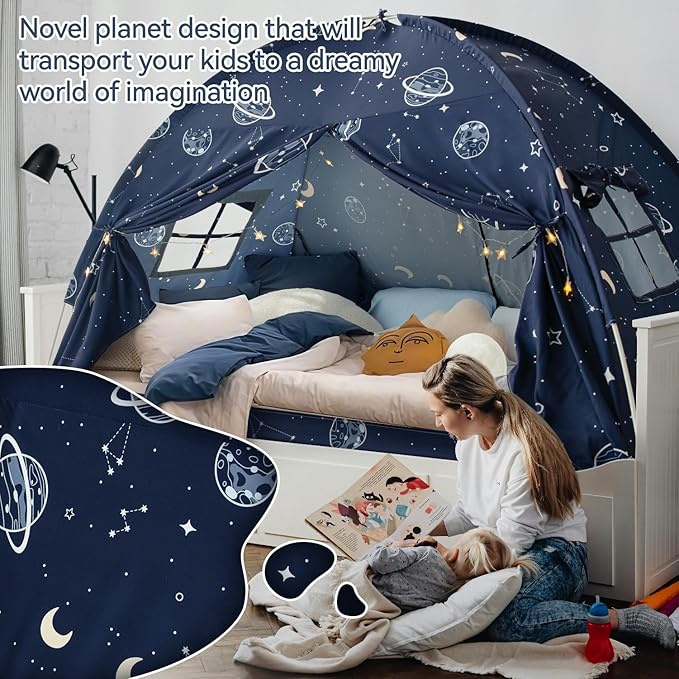 Full Size Bed Canopy Tent, Galaxy Space Kid Bed Tent, Bed Tents Full Boy Floor Privacy Sleeping Tent for Toddler Birthday Toy House Gift