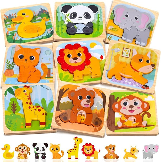 AuntyFey Wooden Puzzle for 1-3 Year Olds, 9 Pcs Baby Animal Montessori Puzzle, Ages 2-4, Learning Educational Toy