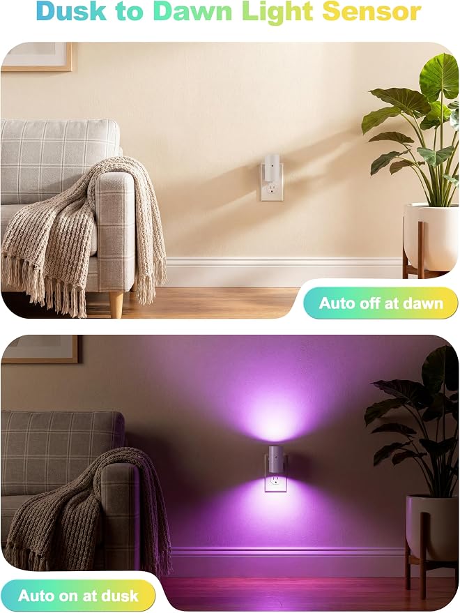 VOLISUN Led Night Light Plug into Wall, 6 RGB Night Lights with Light Sensor, Color Changing Mode, Dimmable Night Light for Christmas, Halloween, Holiday Decor, Hallway, Bedroom White 2 Pack