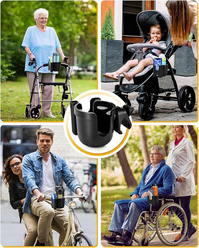 Universal Stroller Cup Holder with Mobile Phone Case, 2-in-1 Strollers Storage Rack, 360 Degrees Rotation Drink Holder for Bike, Pushchair, Wheelchair, Walker,Bicycle, Fits Most Cups