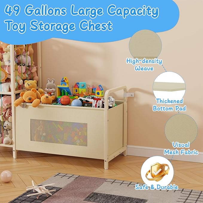 B10 Toy Storage Organizer with Stuffed Animal Storage, Large Toy Box Chest and Stuffed Animal Holder Zoo Organizer with Elastic Ropes for Nursery, Kids Room, Playroom, Bedroom, Beige