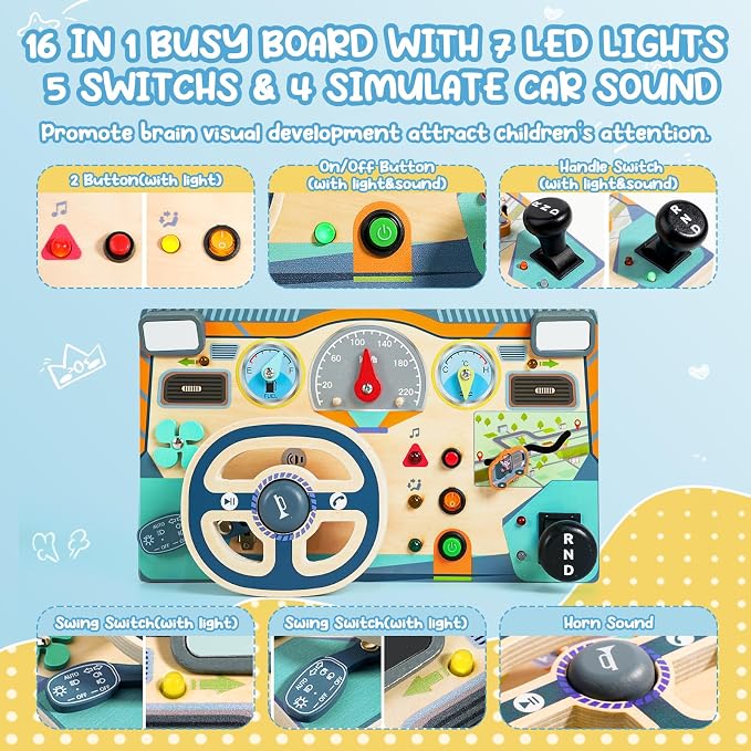 Busy Board Montessori Toys for 1 2 3 Year Old, Wooden Toddler Sensory Toy Busy Board with LED Lights Sound Switch, Toddlers Activity Travel Toy, Steering Wheel Toddler Toys Christmas Gift for Boy Girl