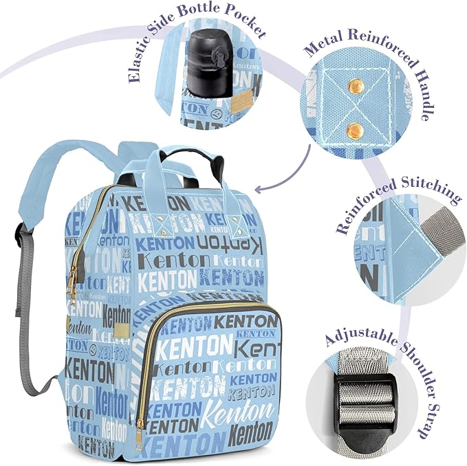 Personalized Diaper Bag Backpack for Baby Boy with Name, Light Blue Custom Nappy Nursing Bag for Moms Dads, Nylon, Customized Gift, Large Capacity, Waterproof, Multifunctional