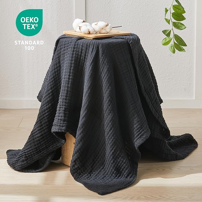EMME Cotton Muslin Large Throw Blanket Couch 4-Layer Breathable Gauze Blanket Soft Lightweight Bed Blankets Adults (Black, 50"x71")