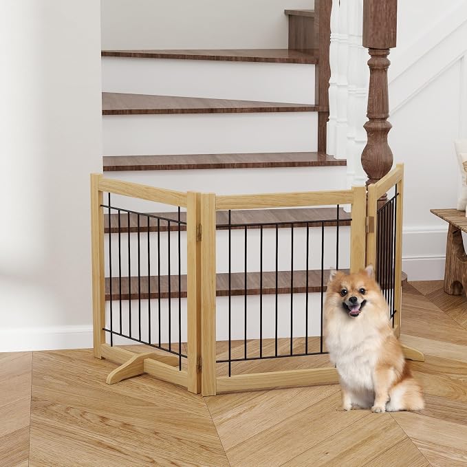 Acovy Wire Dog Gate Solid Wood Frame, Anti-Chewing Pet Gate Indoor Freestanding Indoor Foldable Dog Fences for Stairs, House, Doorway Extra Wide, 3-Panel, 60" Wide Oak Color
