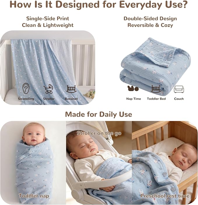 NTBAY Muslin Toddler Blanket, 4-Layer, 42x60 Cozy Preschool Nap Blanket, Soft Breathable Nursery Blanket for Toddlers and Kids, Cloudy Bunny