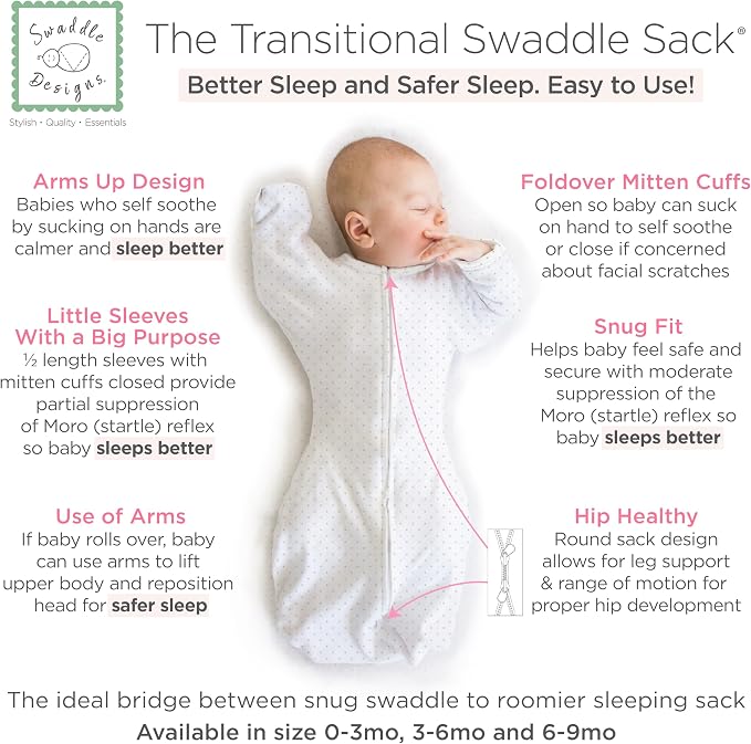 SwaddleDesigns Transitional Swaddle Sack, Arms Up Half-Length Sleeve Mitten Cuff, Most Gradual Transition Swaddle for Newborn