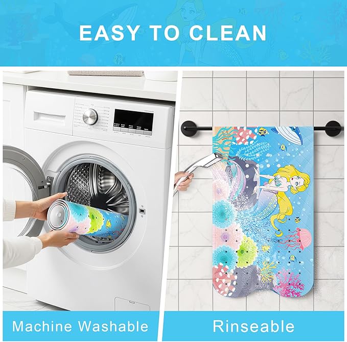Upgrade Cartoon Baby Bath Mat Non Slip - 40"x16" Extra Long Bathtub Mat for Baby Eco Friendly Durable Bath Mat for Tub Non Slip Kids Tub Mat with Suction Cups, Machine Washable and No Fading, Mermaid