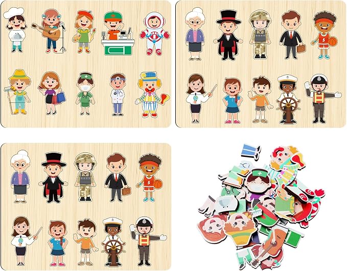 Civaner 3 Set Wooden Puzzle for Toddlers Kids 30 Pcs Wooden Community Helpers Toys People Figures Occupations Interchangeable Dress up Peg Puzzles Educational Social Learning Supplies for Boys Girls