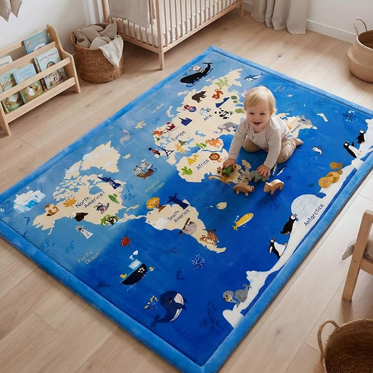 1.5" Thick Educational Large Baby Floor Play Mat 79x158, Flannel Padded Memory Foam Kids Mat, Non-Slip Plush Playmat for Nursery Playroom Classroom ((World map)
