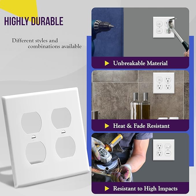 Enerlites 8822-W Duplex Receptacle Outlet Wall Plate, Standard Size 2-Gang, Polycarbonate Thermoplastic, White