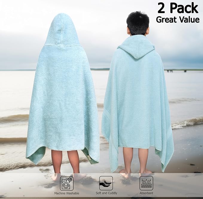 ORIGINAL KIDS Hooded Bath Towel Wrap - 2 Pack - Ultra Soft 100% Cotton Terry Large Oversized Hooded Kids Towel - Shower Pool Beach - 579 GSM Absorbent Quick Dry Plush Gift - 30 x 54 - Light Blue