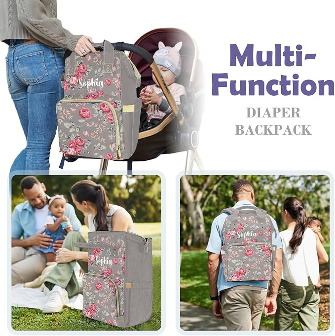 Custom Diaper Bag Backpack, Upgraded Large Capacity Baby Bag, Personalized Diaper Changing Backpack with Name, Multifuction Mommy Bag with Insulated Pockets, Baby Bag for Boys Girls, Floral