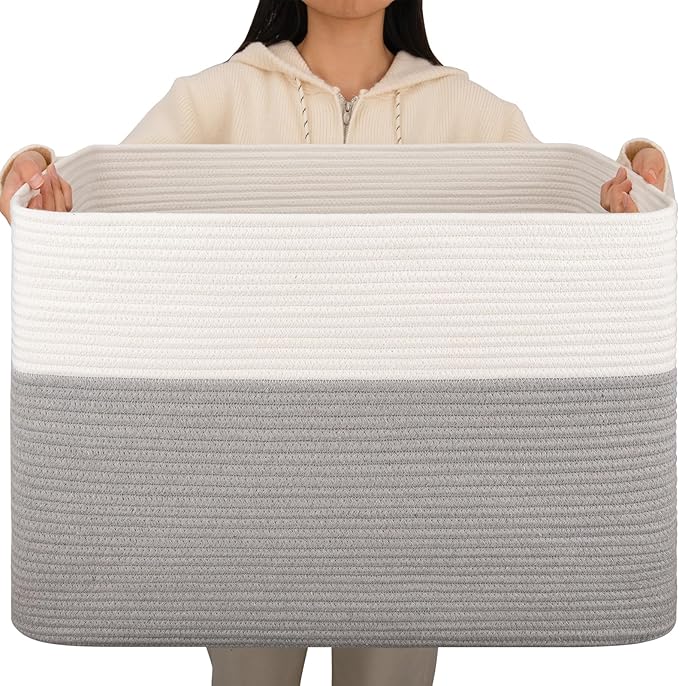 OIAHOMY 108L Extra Large Blanket Basket, 25?�x16?�x16??Laundry Basket, Blanket Storage for Living Room, Dog Toy Storage with Handle - Grey & White