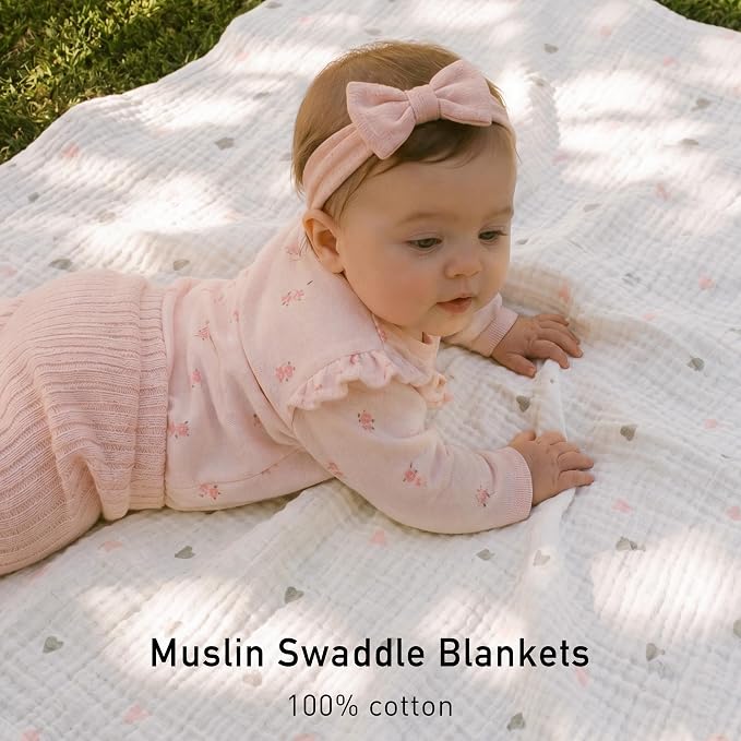 Muslin Swaddle Blankets for Newborn, 3-Pack Cotton Receiving Blankets, Large 40 x 38 inches, Baby Blankets for Boys and Girls, Wrap Burp Cloths, Pink Flower