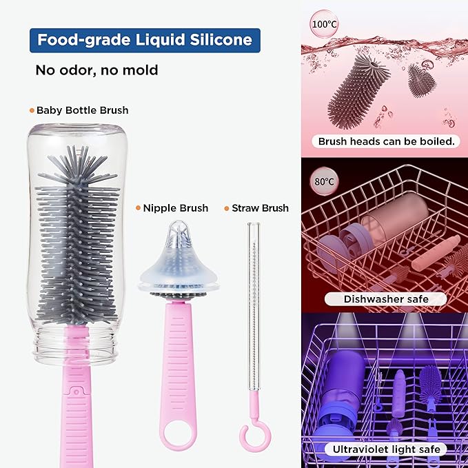 YOTIME Baby Bottle Brush, Travel Bottle Cleaner Kit with Extendable Silicone Bottle Brush, Nipple Cleaner Brush, Straw Brush, Soap Dispenser, Dust Cap and Stand, Pink