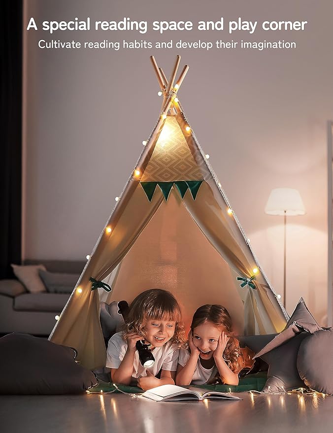 besrey Teepee Tent for Kids with Padded Mat & Light, Kids Tents Indoor Playhouse, Large Tipi Tent, Christmas Play Tent for Toddler Boys Girls, Foldable Portable Toddler Reading Room