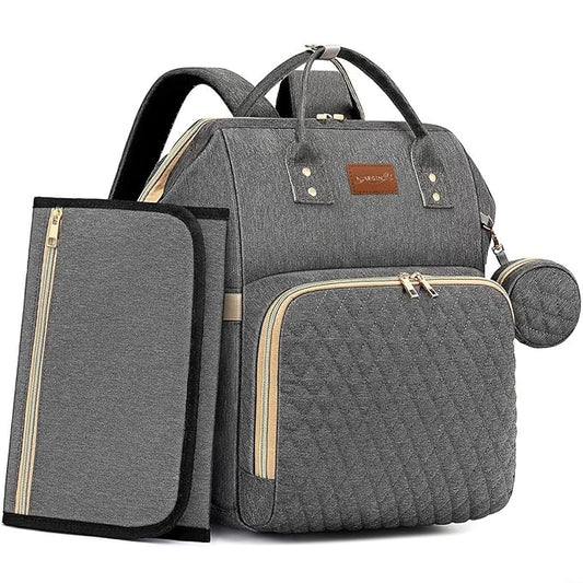 ROSEGIN Baby Diaper Bag Backpack with Changing Pad, Pacifier Case, for Boy Girl Toddler - Large, Stylish, Waterproof Travel Quilted Diaper Bag for Mom - Baby Shower Gifts - Grey